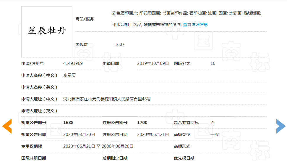 画家李星辰申请商标注册成功
