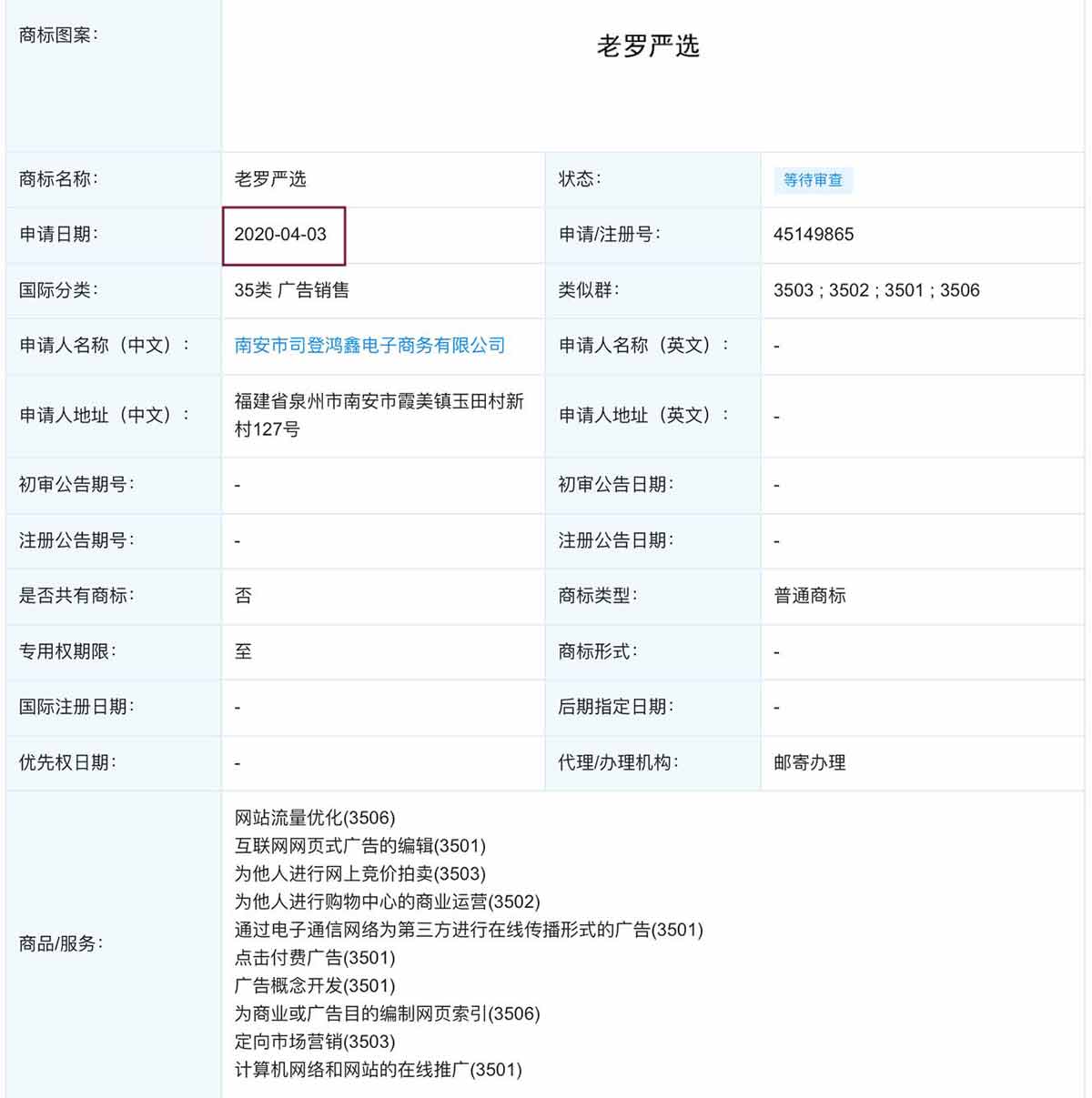 “老罗严选”商标被抢先注册