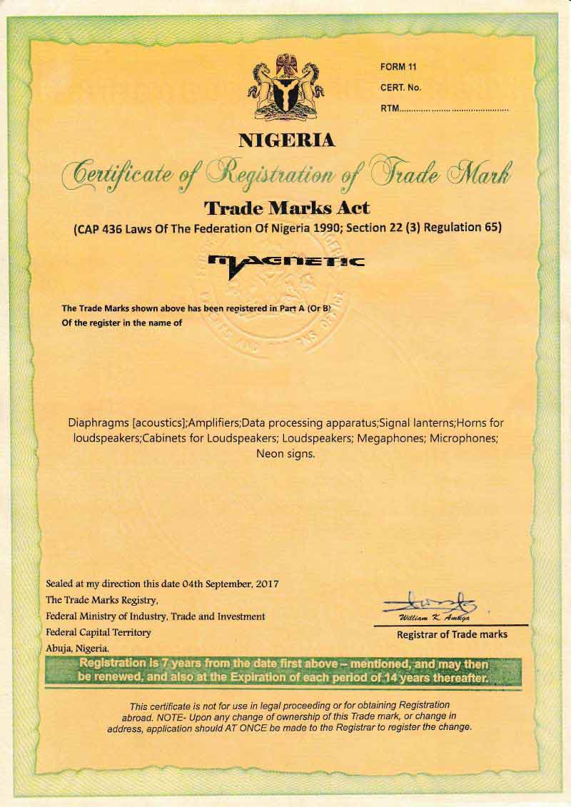 尼日利亚商标注册证书