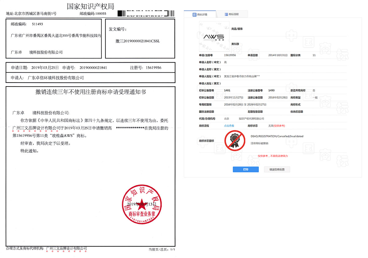 埃维森AWS商标撤销
